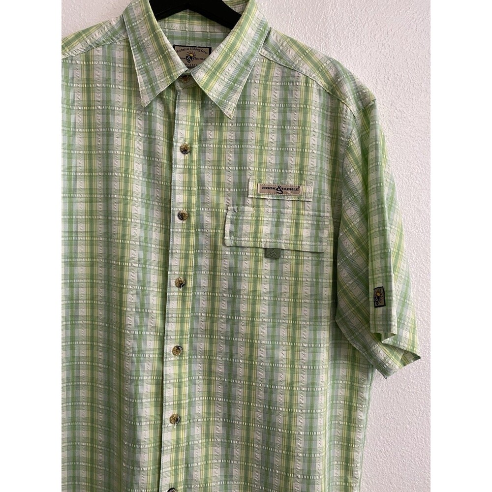 Hook & Tackle Men’s Sun Protection Fishing Plaid Green Shirt L Lightweight K16